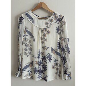 *Tory Burch* SILK ivory Tunic Top with floral & bird print US6 Romantic Cottage